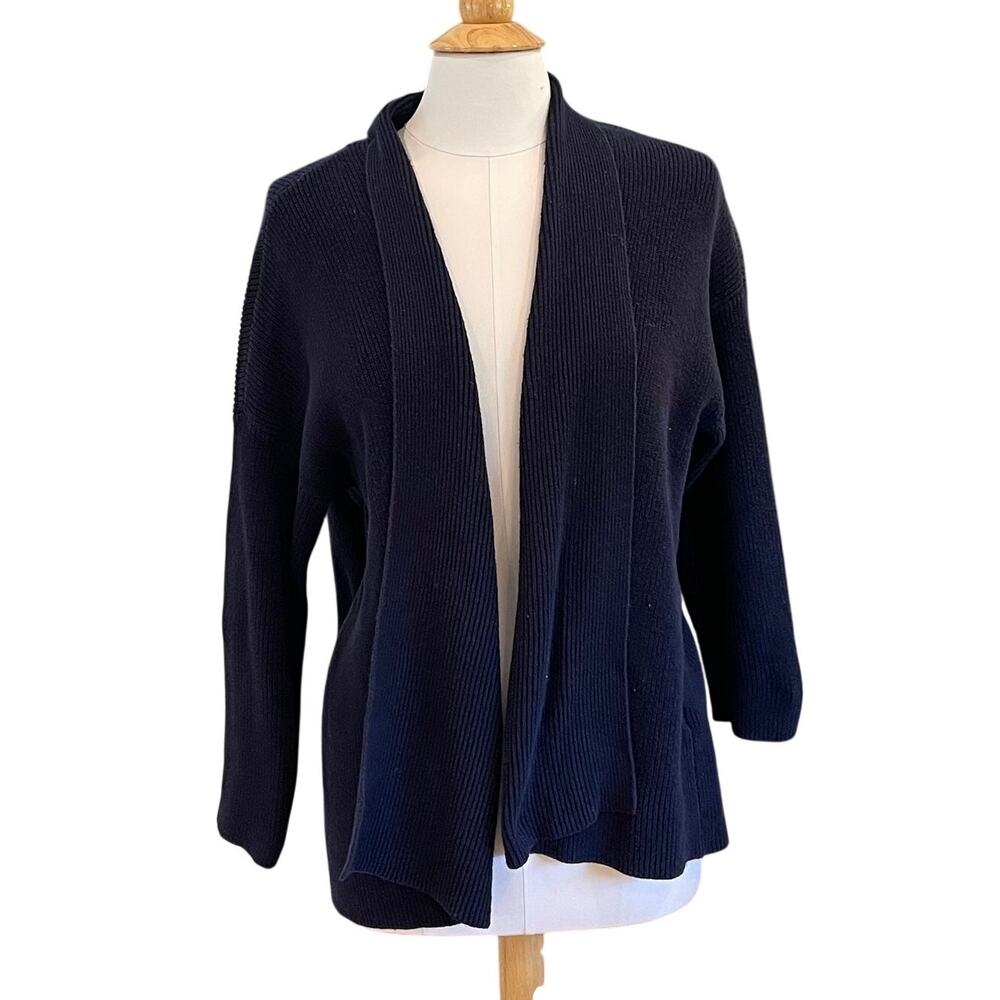 Eileen Fisher Navy Blue Cotton Hemp Open Front Cardigan, Minimalist, Classic, XL
